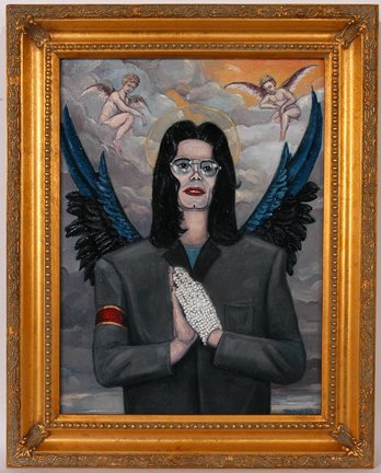 Mike Trovato. Michael Jackson In Heaven.: Michael Jackson In Heaven.Oil on canvas. Image is 12" w x 16"h. Nicely framed, 16" w x 20"h. Mint condition. Est. $500-800. Ship: $35