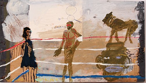 Clint Griffin with Finch. Not Alone.: You Are Not Alone.Paint on panel wood, marker, watercolor, paper. Signed and dated, 2008 (collaborative work). 30" w x 17" h. Excellent condition. Est. $200-400. Ship: $45