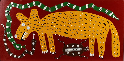 Richard Burnside. Yellow Tiger Cat.: Large Yellow Tiger Cat on Red with Long Green Snakes. Enamel on wood board. Signed and dated, 1990. 48" w x 24"h. Excellent condition. Provenance: The Lynne Ingram Collection. Est. $500-800. Est. $75