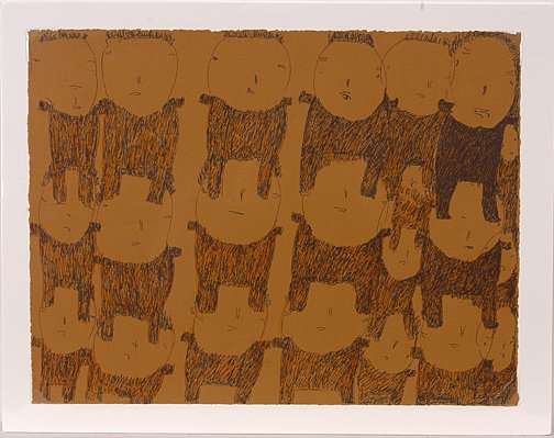 Donald Mitchell. Many Figures.: Untitled, Many Figures.Ink and colored pencil on brown paper. c. 2004. Signed on back. 17" w x 13.25"h. Not framed, mounted on foam core. Mitchell is with Creative Growth in Oakland, CA. Est. $600-900