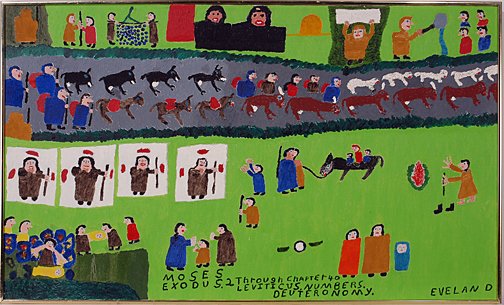 Evelan D. Moses Exodus.: Moses Exodus Chapter 2-40 Leviticus.Oil on canvas. c. 1980's. 40" w x 24"h with frame. Excellent condition. Est. $800-1,200. Ship: $85