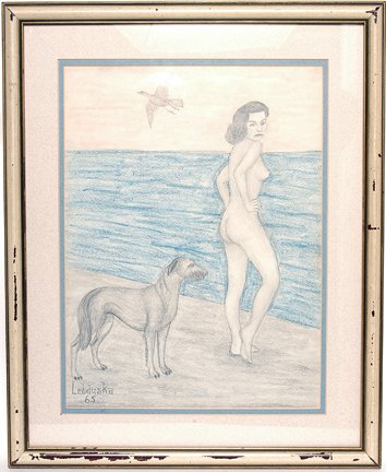 Lawrence Lebduska. Nude & Dog at the Beach.: Nude and Dog At the Beach.Crayon, pencil on paper. Signed and dated, 1965. 10" w x 13"h, image. Frame is 15" w x 18.5" h. Excellent condition. Est. $200-400. Ship: $35