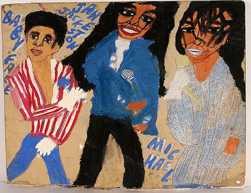 Artist Chuckie Williams. Michael & Janet.: Michael and Janet Jackson.Paint on sheetrock. Double-sided work featuring Baby Face and Bellbiv, Devoe on reverse. 31" x 23". Edges are rough, piece is in good condition. Provenance: The Lynne Ingram