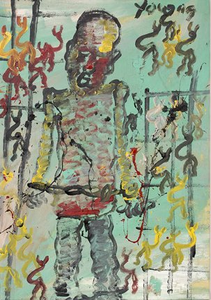 Purvis Young. Man with Chains.: Purvis Young (1934-2010). Man With Chains and Bars.Paint on stretched cloth tarp. Excellent condition. 28" w x 41"h. Est. $800-1,200. Ship: $55