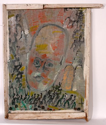 Purvis Young. Figure.: Purvis Young (1934-2010). Untitled. Paint on wooden board. 27.25" w x 33"h. Donated by Jimmy Hedges to benefit Intuit. Est. $1,000-2,000. Ship: $50