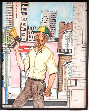 Roy Ferdinand. Umbrella Preacher.: Umbrella Preacher.Mixed media on posterboard. 41"x 33". 1999. Signed. Acquired from artist. Excellent condition. Framed in plexiglass. Est. $500-800. Ship: $65