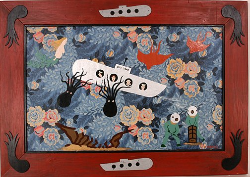 Jerry Farrell. Curse of The Ray Octopus.: The Curse of the Ray Octopus.Paint on wallpaper with artist decorated frame. Signed and dated, 1990. 48" w x 34" h with frame. Excellent condition. Est. $600-800. Ship: $100