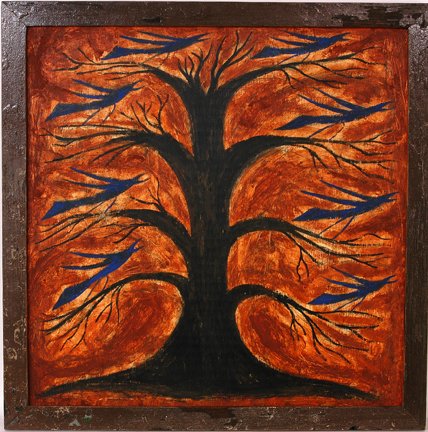Steve Chandler. Crow In Magnolia.: Murder of a Crow in Dead Magnolia.Painted mud on board. 27" x 27" h with nice wooden frame. Excellent condition. Provenance: Graves Country Antiques. Est. $300-500. Ship: $40