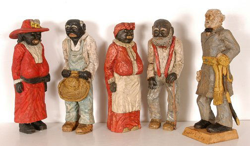 Rocky Wade. Set of Five Figurines.: Set of Five Figures.Carved and painted wood. Each is about 11.5"h. All are in excellent condition. Each is titled, signed and dated, all are mid 1990's. Est. $300-500. Ship: $50