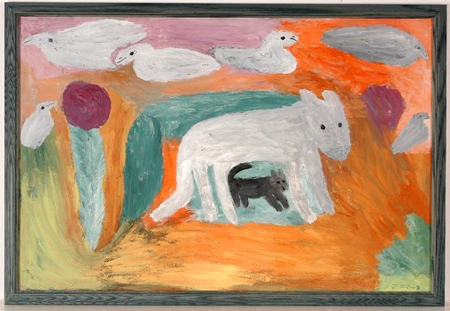 Toby Ivey. Bird Over Mother & Kittens.: White Birds Over Mother Cat and Kitten.Paint on paper. 2003. 38" w x 26"with frame. Excellent condition. Est. $100-200. Ship: $60