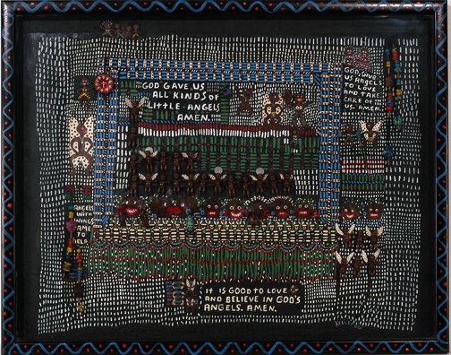 Misty Kellog. God Gave Us All Kind of Angels.: God Gave Us All Kind of Little Angels, Amen.Paint on canvas with mixed material, plastic babies, costume jewelry. Signed, no date. 30" w x 24"h with artist decorated frame. Est. $300-500. Ship: $65