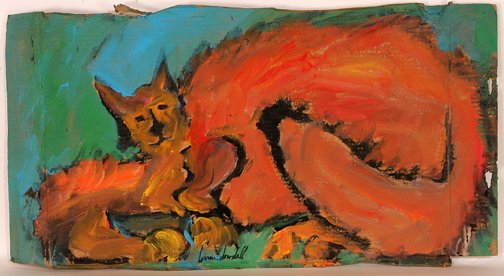 Brian Dowdall. Very Fat Cat Painting.: Very Fat Cat.Paint on cardboard box. Signed. Some folds in cardboard. Est. $50-100. Ship: $35