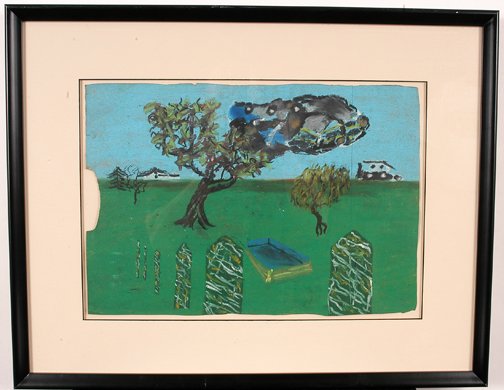 Reginald Gee. Low Hovering UFO.: Low Hovering UFO.Craypas on paper. 17 w x 12"h, Frame is 35"w x 20"h. Excellent condition. Est. $200-300. Ship: $40"