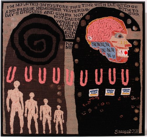 Stacey Page. I'm Mounted Onto Stone Yarn Art.: Yarn Art. 31 w x 29" x 2". Mint condition. Est. $100-200. Ship: $65"