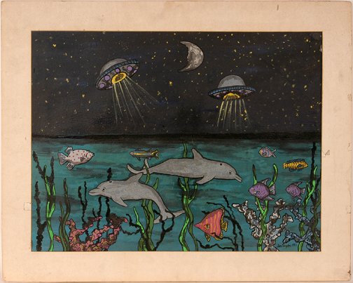 Jes Snyder. Dolphins Are Space Aliens.: Dolphins Are Really Space Aliens.Paint on posterboard. Signed and dated, 1992. 28 x 22", image, 36" w x 28"h including matt. Excellent condition. Est. $100-200. Ship: $25"