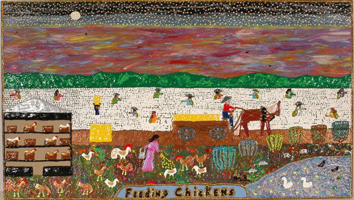 Mr. B. Feeding Chickens Painting.: Feeding Chickens.Puff paint on board. Signed and dated, 2000. 32w x 18"h. Excellent condition. Est. $100-200. Ship: $65"