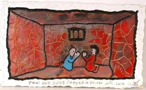 Carl Dixon. Paul & Sally Pray In Prison.: Paul and Sally Praying In Prison.Paint on bas-relief carved wood plaque. 23w x 14"h. Est. $100-200. Ship: $35"