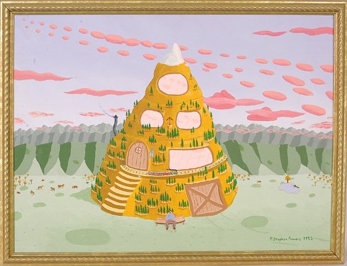 Stephen Powers. Mountain House Painting.: Mountain House.Acrylic on canvas. Signed and dated, 1992. 26 w x 20"h with frame. Est. $100-200. Ship: $35"