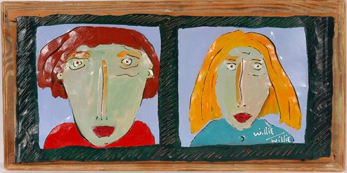 Willie Willie. Two Faces.: Two Faces.Paint on tin, mounted on wooden board. 28.5 w x 14"h. Excellent condition. Est. $100-200. Ship: $40 "