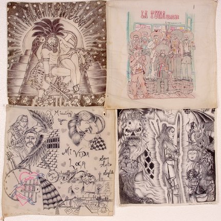 Chicano TX Prisoners. Four Panos, w Aztec.: Four Panos.Ink on fabric, cotton handkerchiefs featuring Aztec Warriors with nude, a bar scene (La Tuna Bar), sampler, and princess warrior. Most are from early 1990's. Est. $300-500. Ship: $20