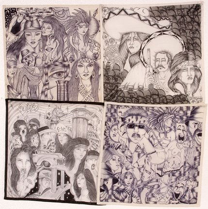 Chicano TX Prisoners. Four Panos, w Towers.: Four Panos.Ink on fabric featuring man with a gun, and prison towers. c. early 1990's. Est. $300-500. Ship: $20