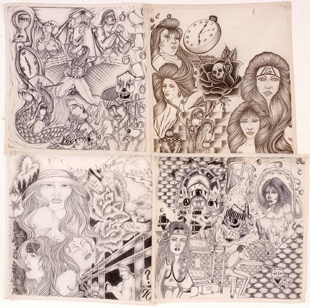 Chicano TX Prisoners. Four Panos, w Dragon.: Four Panos.Ink on fabric featuring watches, rose, skull, man with dragon coming from chest, hour glass, clocks. c. early 1990's. Est. $300-500. Ship: $20