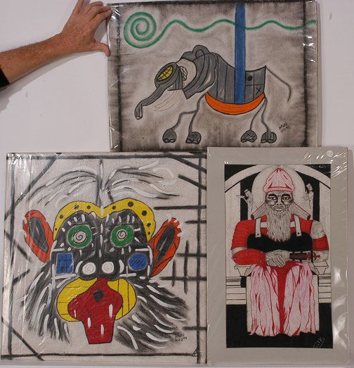 Harvey Ford & David Walker. Prison Art.: Tada Elephant, African Ghost Mask, Neebo Prison Art.Pastel, paint, pens, marker. 1993 and 1994 and undated. Average size is 23 x 23". Donated by Marjorie Free to benefit Intuit. Est. $100-200. Ship: $