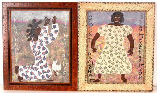 Black Joe Jackson. Women's Portrait.: Women.Pair of paintings. Paint on board with artist decorated frames. 10 x 14" each. Excellent condition. Est. $200-300. Ship: $35"
