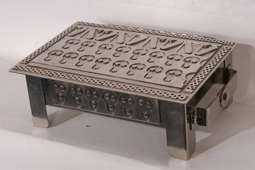 Stanley Szwarc. Day of Dead Jewelry Box.: Day of the Dead Jewelry Box.Solid tin with velvet interior. 8long x 5"x 3". Signed and dated, 2001. Provenance: The Clay Morrison Collection to benefit SAIC. Est. $200-300. Ship: $35"