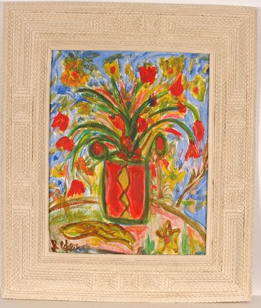 Jerry Coker. Flowers In a Vase.: Flowers In a Vase.Paint on paper over foamcore. Signed. 23.5 w x 28" h including contemporary tramp art frame. Excellent condition. Est. $200-400. Ship: $45"