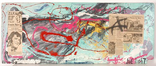 Joe Light. Dashing, Tribute to Elvis.: Dashing - Tribute to Elvis.Paint and newspaper clippings on plywood. 2000. 48 w x 19" h. Excellent condition. Est. $200-300. Ship: $50"