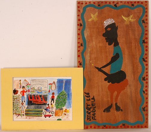 Jerry Lee Farrell & G. Jones. Pair of Paintings.: Self-Portrait and Christmas, 1957.Paint on wood and paint on paper. Larger is 14 w x 25"h. Excellent condition. Est. $50-100. Ship: $25"