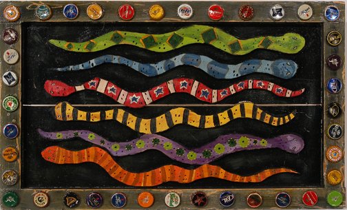 Eric (erikusmaximus) Cunningham. Rainbow Snakes.: Rainbow Snakes. Bottlecaps, paint and wood. 24 x 14" x .5". Signed. Est. $50-100. Ship: $45
