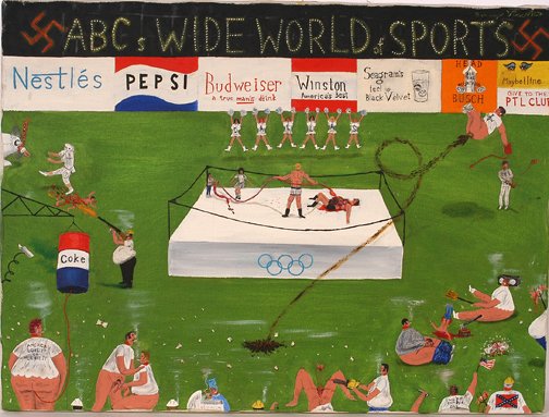 Barney Vinvellette. ABC's Wide World of Sports.: ABC's Wide World of Sports.Oil on canvas. 24 w x 18"h. A most disgusting satire...featuring Nazi symbols, rednecks,mutilation, and The Dallas Cowboy Cheerleaders...Clever and gross! Est. $25-50. Ship: