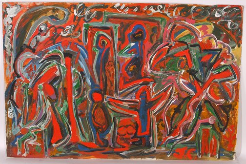 Jerry Coker. Flowers In Abstract.: Flowers In Abstract.Paint on cardboard. Initialed. 36 w x 24"h. Est. $100-200. Ship: $45"