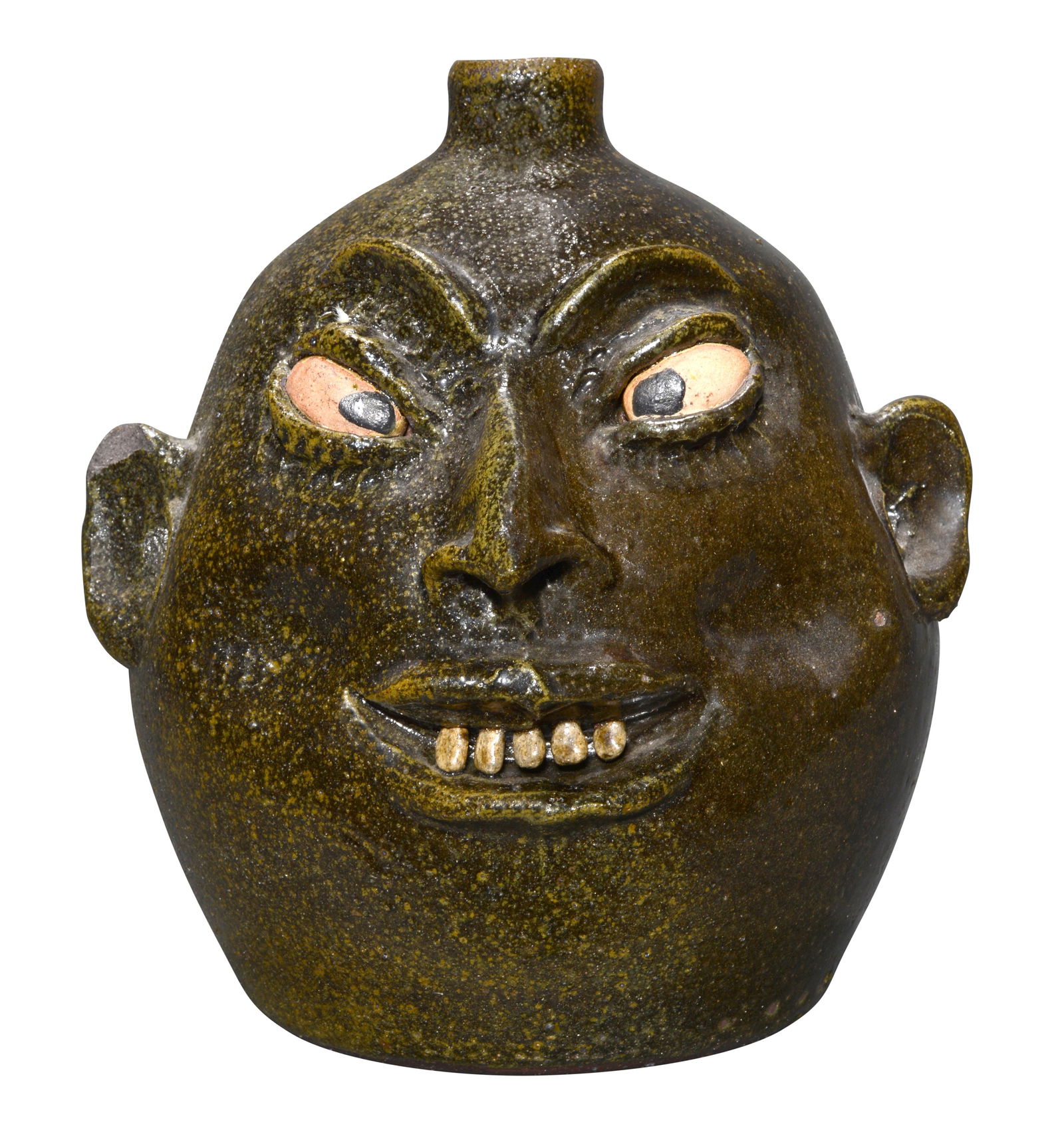 Lanier Meaders. Large Cross-Eyed Face Jug.: Lanier Meaders. Large Cross-Eyed Face Jug. c. late 1960s-early 1970s. Signed. Clay teeth, frog green glaze. Chip on ear, otherwise great condition. 9.5"h. Est. $1,000-2,000. Ship: $65
