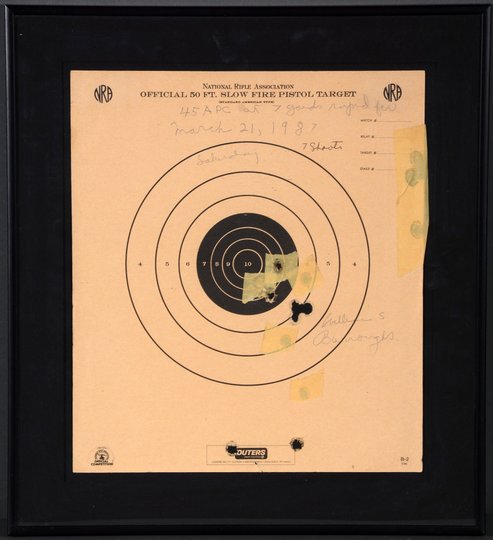 William S. Burroughs. Target Art.: William S. Burroughs (1914-1997). Official 50 Foot Slow Fire Pistol Target 45 APC at 7 Yards Rapid Fire Target Art. March 21, 1987. Signed, dated and titled. "Saturday 7 Shots. Bullet holes, and maski