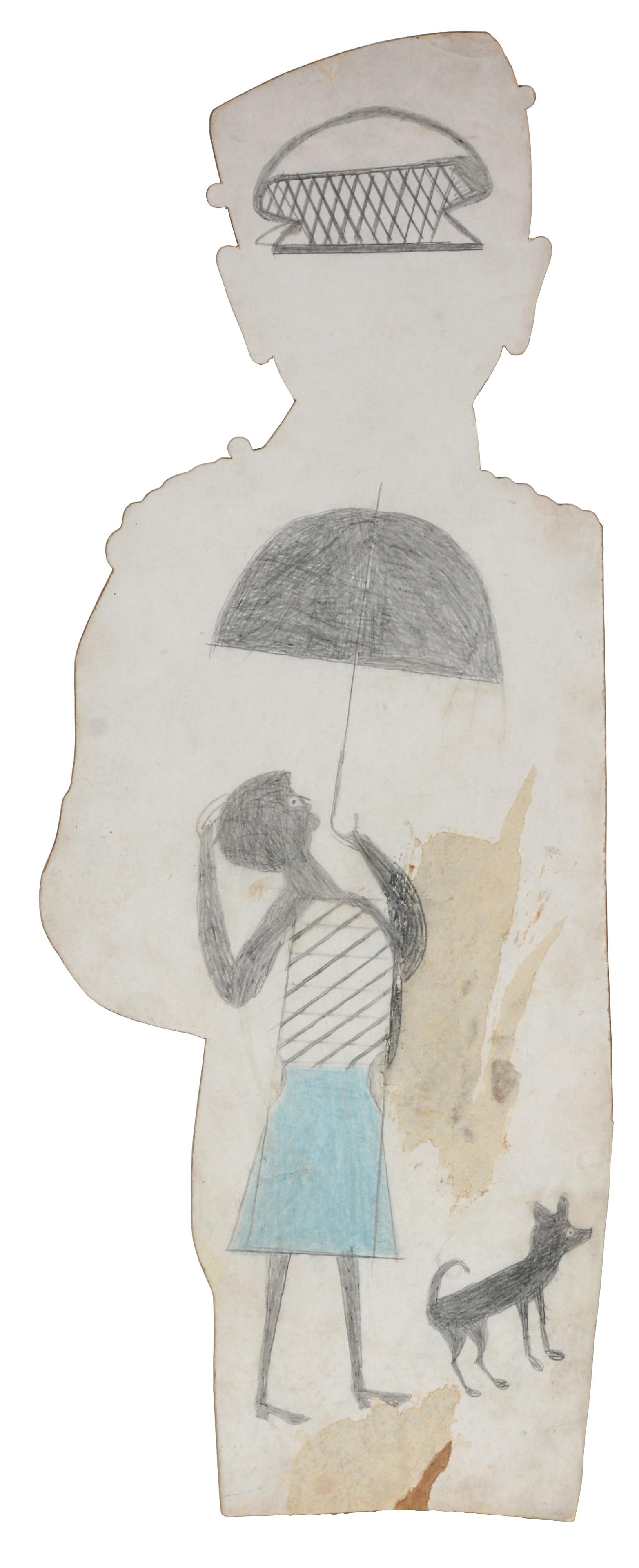 Bill Traylor. Woman With Umbrella, Dog & Basket.: Bill Traylor (1854-1949). Untitled. Woman With Umbrella, Dog & Geometric Basket. c. 1939. Graphite, pencil and colored pencil on Phillip Morris Advertisement cardstock cutout. Image is in excellent co