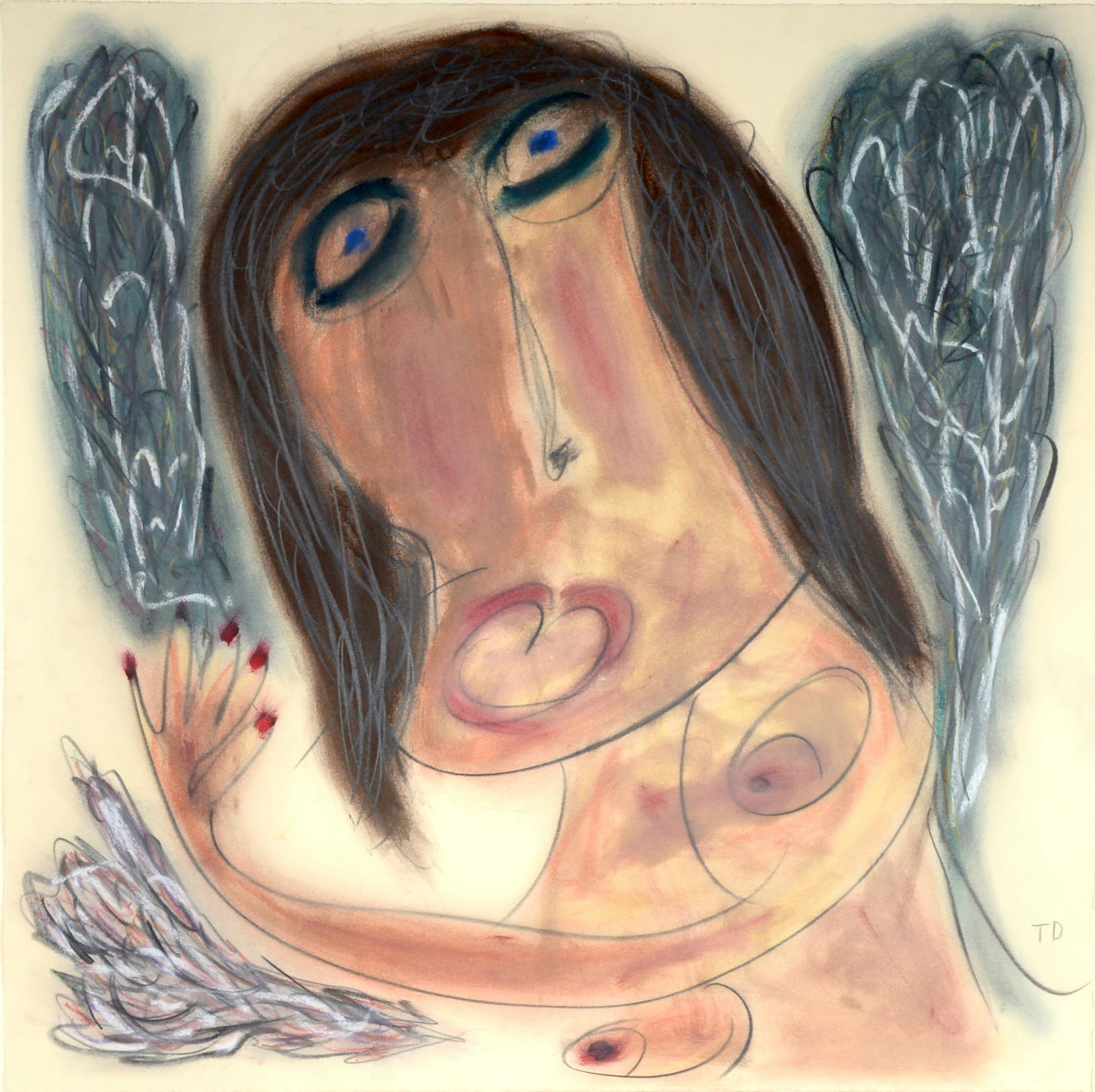 Thornton Dial. Nude With Angel Wings.: Thornton Dial. Nude With Angel Wings. Initialed. Not dated. Pastel and graphite on artist paper. Excellent condition. Large example. Image is 31” x 31”. Frame is 41” x 41”. Est