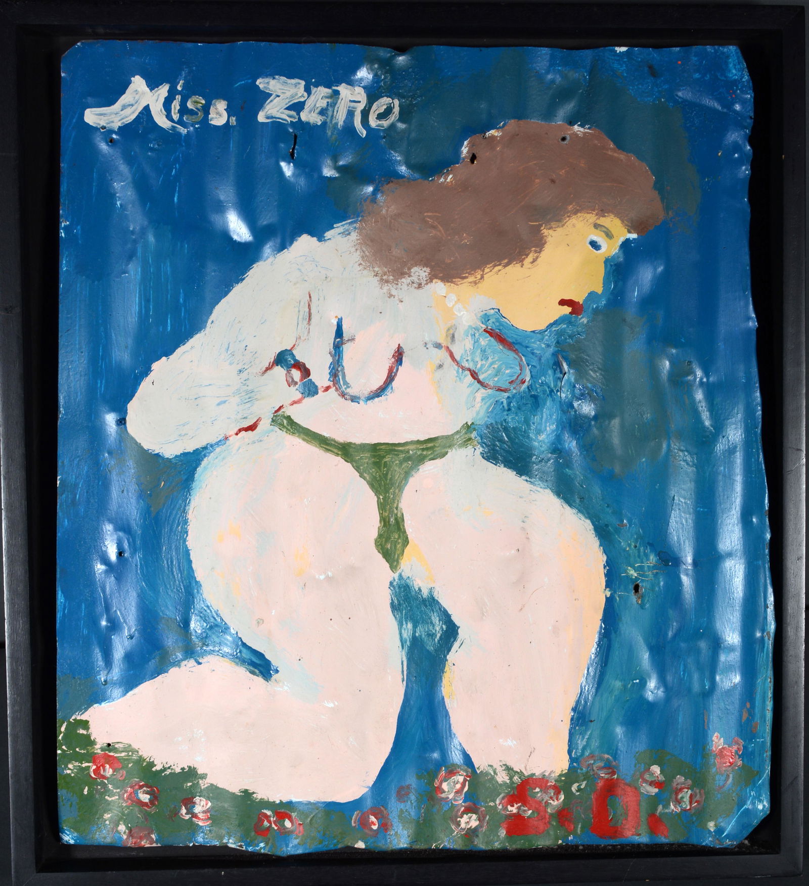 Sam Doyle. Miss Zero.: Sam Doyle (1906-1985). Miss Zero. Initialed and titled. Paint on found tin. Great environmental condition. Image is 22” x 24.5"h. Frame is 24"w x 26"h. Est. $5,000-8,000. Ship: $65