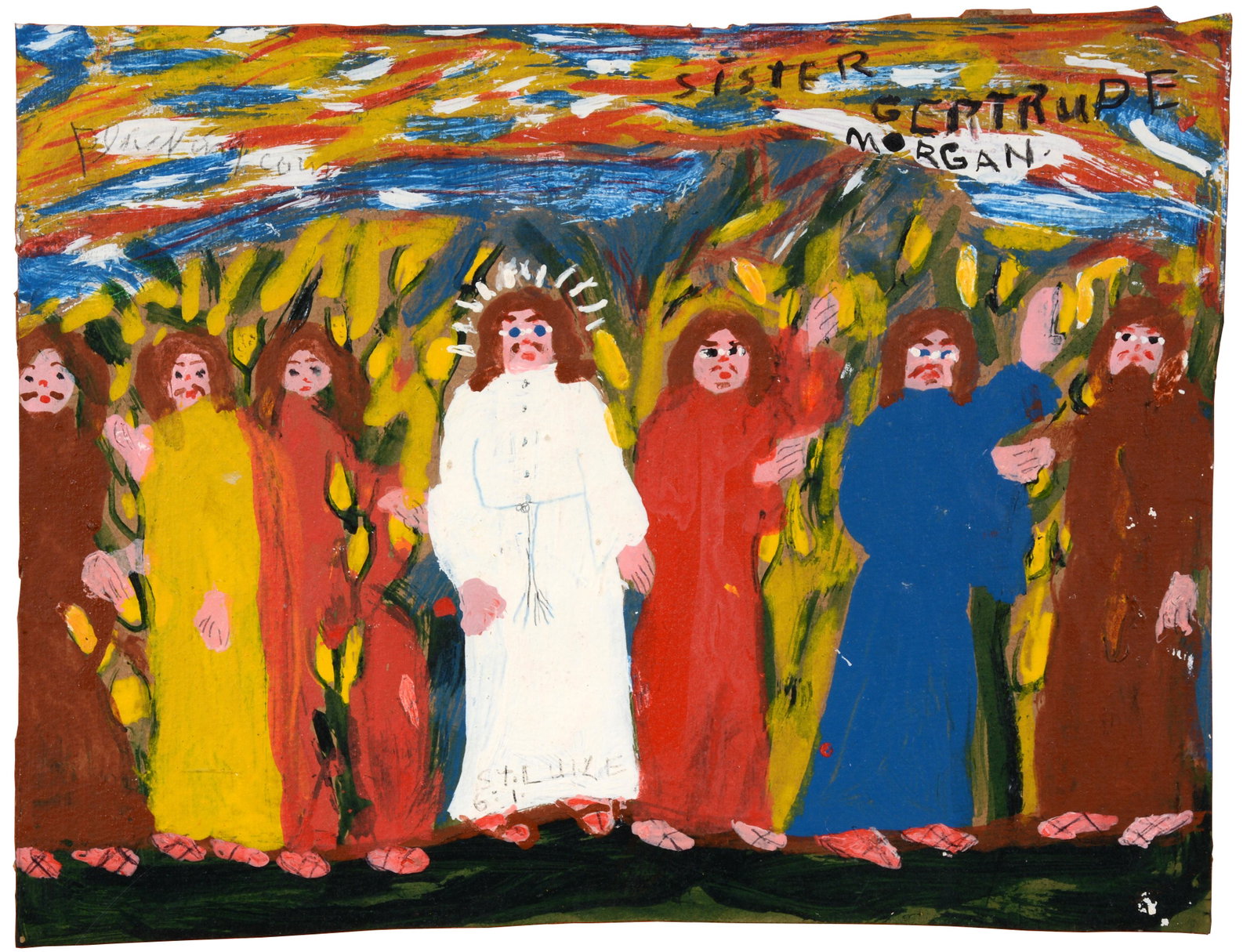 Sister Gertrude Morgan. Jesus With Disciples.: Sister Gertrude Morgan. Jesus With His Disciples. Signed. Paint and ink on cardstock. Excellent condition. Image is 12"w x 9"h. Frame is 21"w x 17"h. Provenance: The Gary Davenport and Billy Kemp Coll