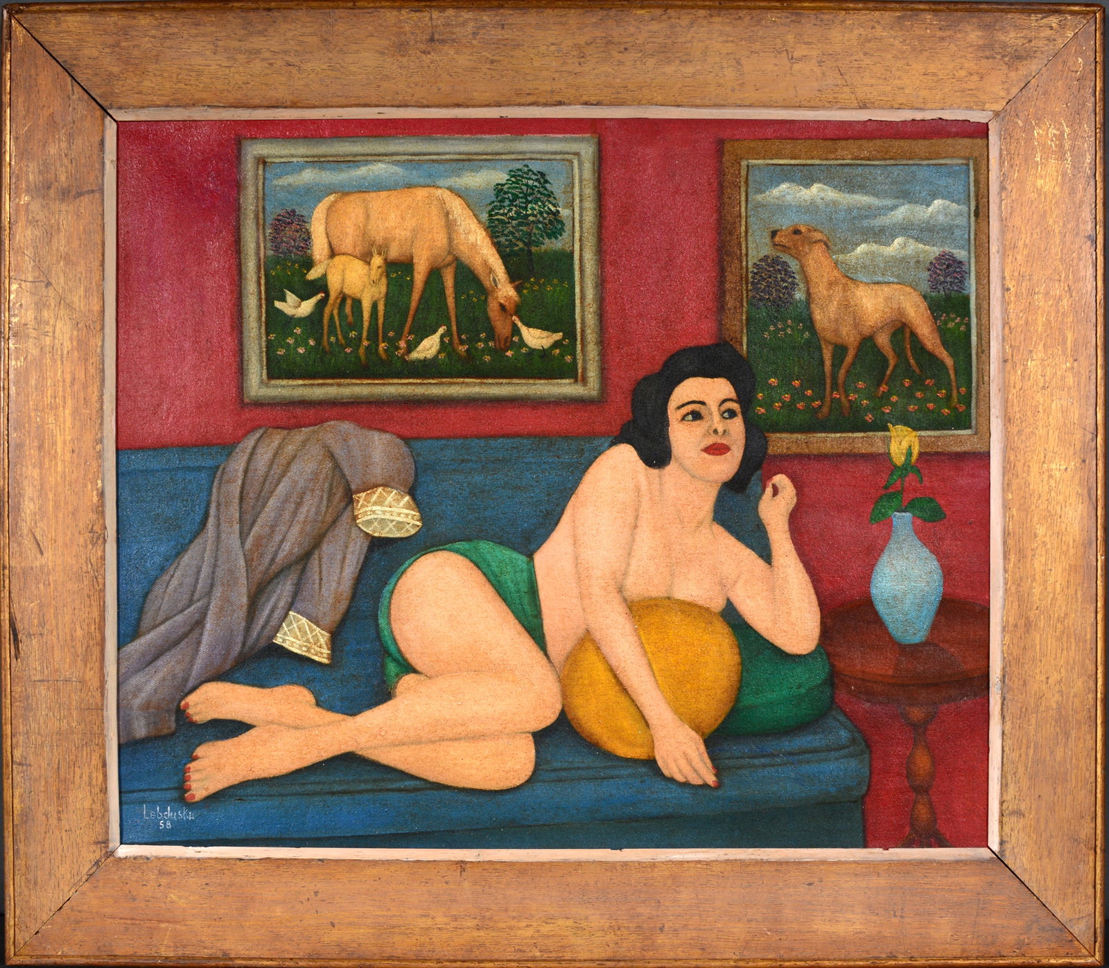 Lawrence Lebduska. Reclining Nude In Lebduska's Home.: Lawrence Lebduska (1894-1966). Reclining Nude In Lebduska's Home. 1958. Signed and dated. Oil on canvas. Several early repairs to canvas, otherwise great condition. Image is 22"w x 18"h. Frame is 27.5