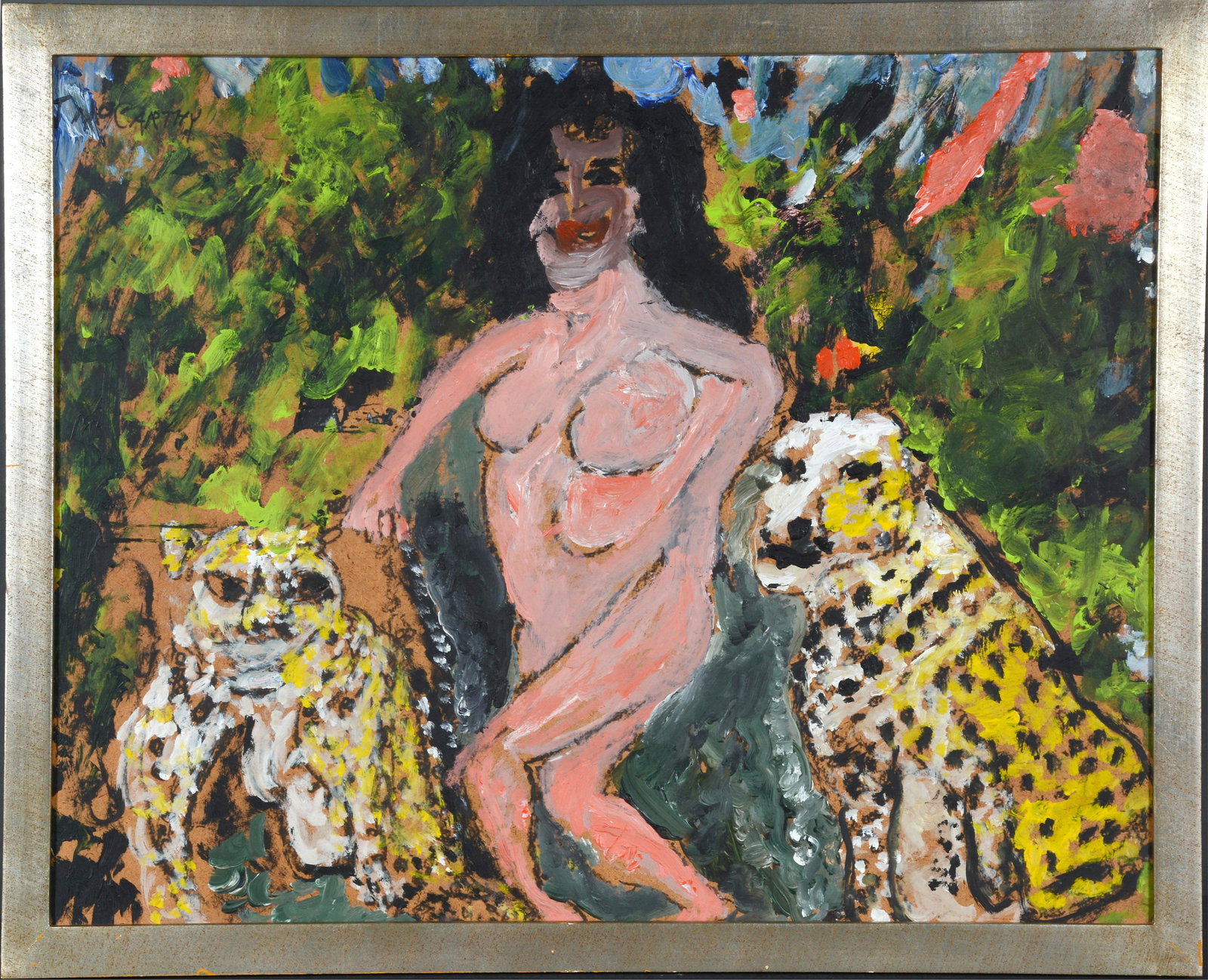 Justin McCarthy. Linda Darnell Nude & Leopards.: Justin McCarthy (1891-1977). Linda Darnell Nude With Leopards. c. 1964. Signed. Oil on masonite. Excellent condition. Size with frame is 26"w x 20"h. Provenance: Makler Gallery, Philadelphia, PA. Est.