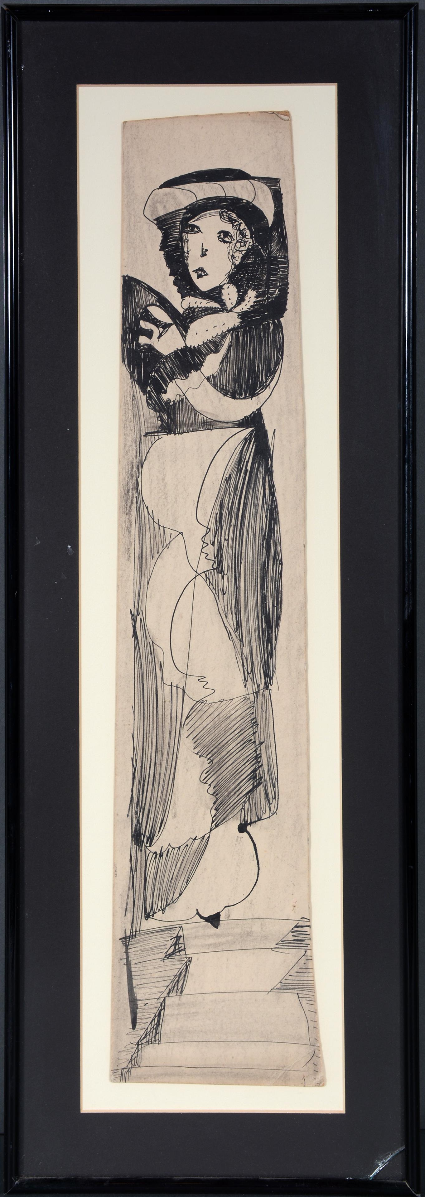 Madge Gill. Tall Female Slender Figure.: Madge Gill. Tall Female Slender Figure. Not signed. Ink on found cardstock. Artwork is in excellent condition, glass on frame needs to be replaced. Image is 4.5"w x 20"h. Frame is 8.5"w x 24"h. Est. $