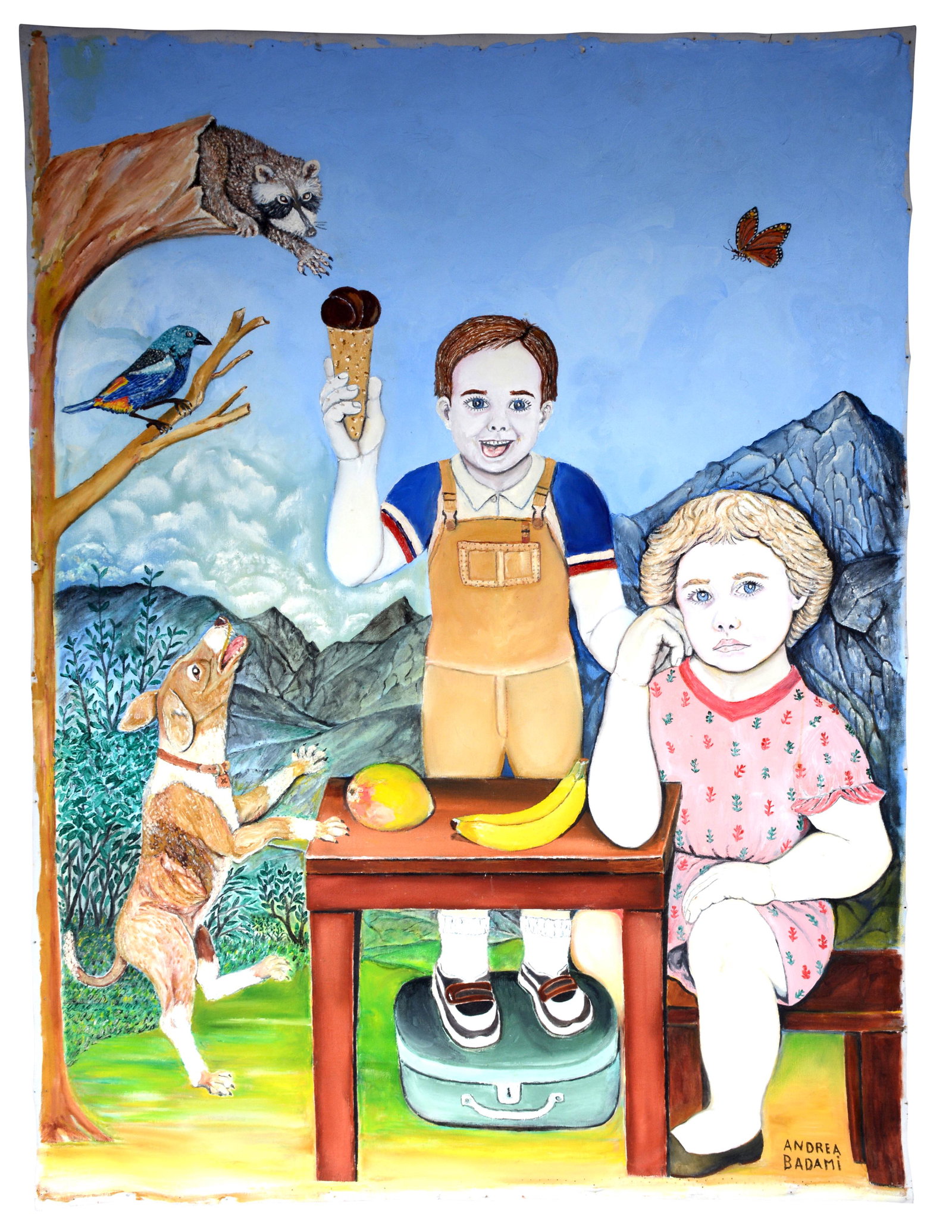 Andrea Badami. Ice Cream Karma.: Andrea Badami. Ice Cream Karma. Signed. Not dated. Oil on unstretched canvas. Excellent condition. 31"w x 41"h. Provenance: The Larry and Jane Schlachter Collection. Est. $1,000-2,000. Ship: $150 flat