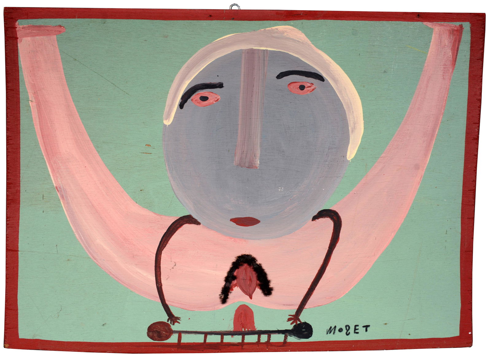 Mose Tolliver. Erotic Scooter Girl With Hair.: Mose Tolliver (1925-2006). Erotic Scooter Girl With Mose's Real Hair. Signed on front. Back reads, "with hair." Paint on found panel with hair. Minor loss on panel board, otherwise good condition. 30.