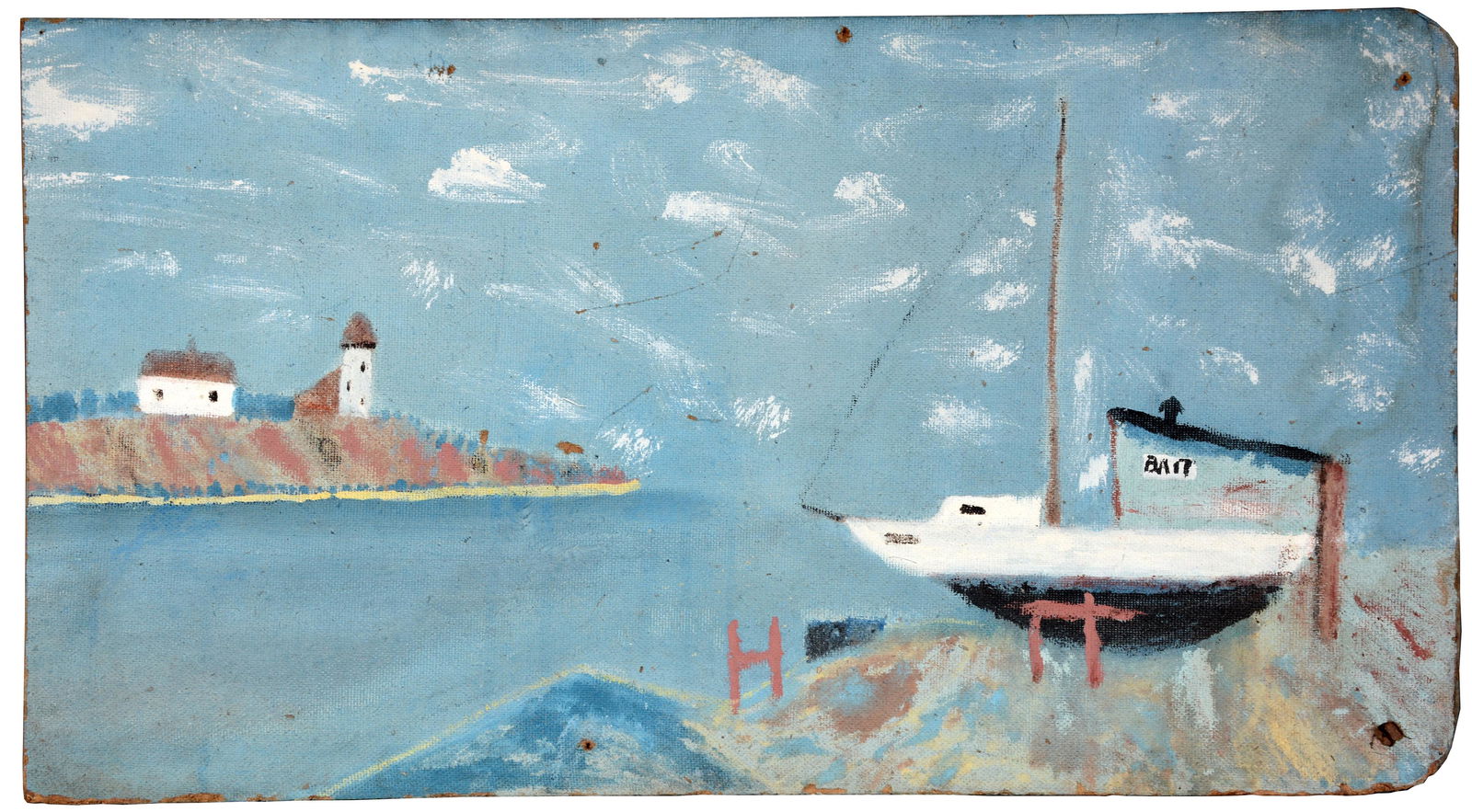 Sanford Darling. Fishing Boat & Light House.: Sanford Darling (1894-1973). Untitled, 28. Fishing Boat and Light House. c. 1960s. Enamel on found masonite board. Original nail holes on edges, minor scratches, otherwise good as-found condition. 23.