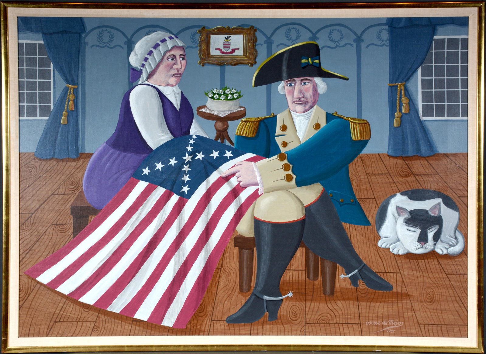 Oscar De Mejo. Seamstress & The General.: Oscar De Mejo (1911-1993). The Seamstress And The General. 1982. Signed, dated and titled. Oil on canvas. Excellent condition. 52"w x 39"h with frame. Est. $1,000-2,000. Ship: $300