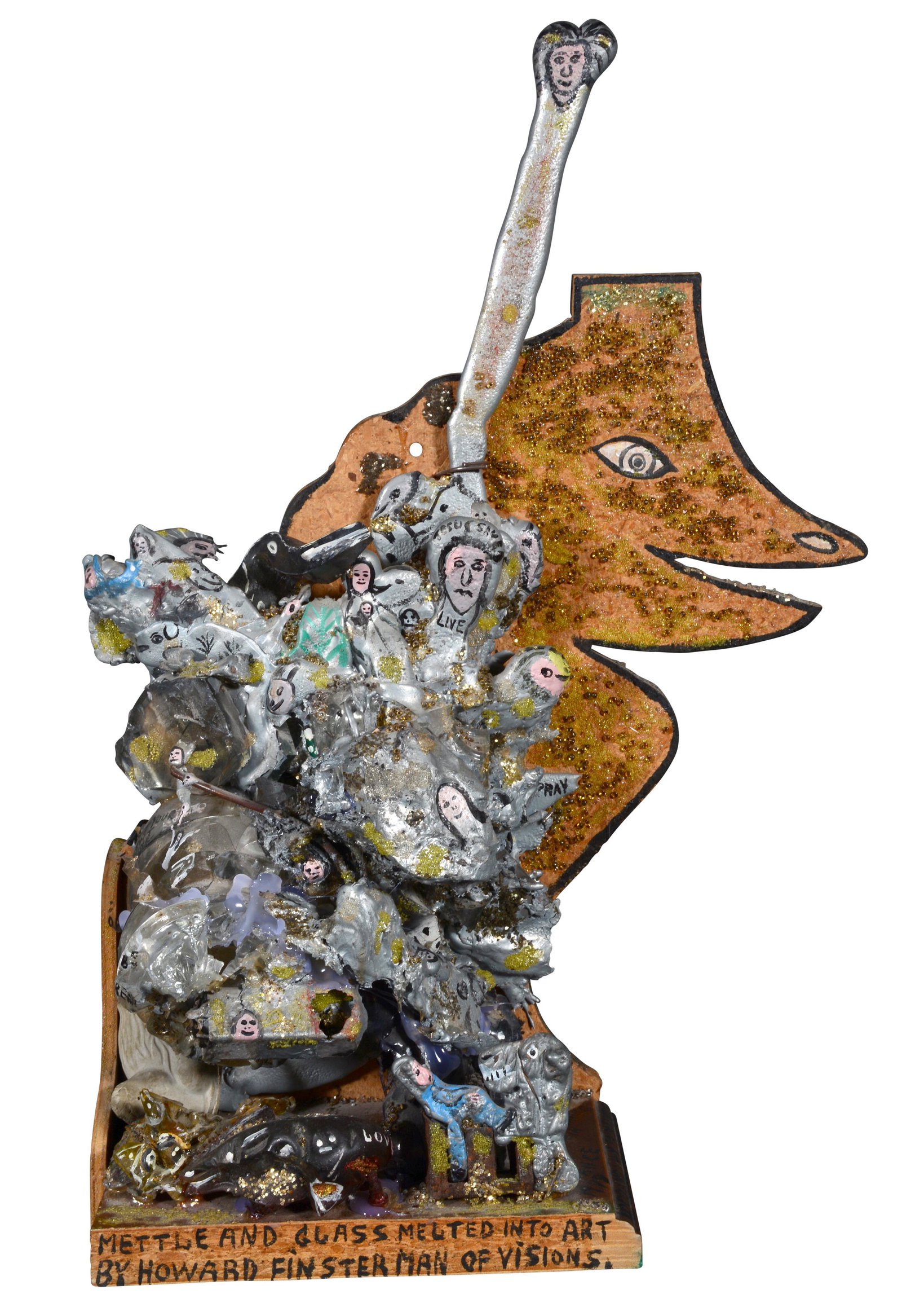 Howard Finster. Mettle & Glass Art.: Howard Finster. Mettle And Glass Melted Into Art. 1979. #1,549. Signed, dated, titled and numbered. Metal, glass, beads, paint, glitter attached to cut out board with base. Great condition. 17.5"h x 1