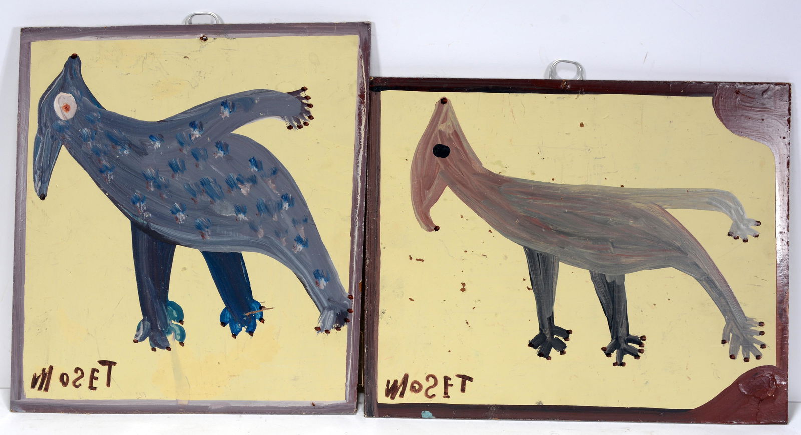 Mose Tolliver. May Pop Bird & Pito Bird.: Mose Tolliver. May Pop Bird & Pito Bird. Signed and titled. Pair of paintings on masonite. Slight bowing of board and minor paint loss, otherwise good condition. Average size is 12” x 9”.